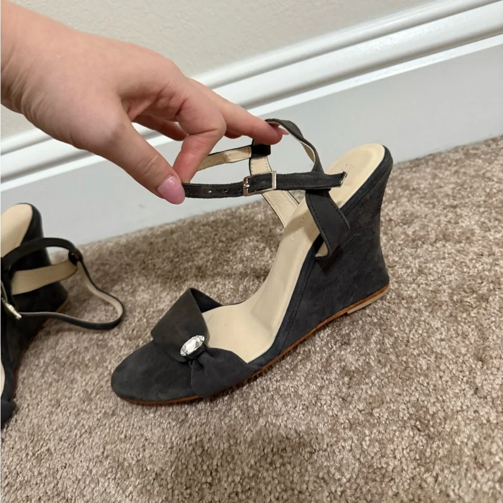 Matt Bernson Black Suede Crystal Bow Wedge Sandals | Size 37 | 3.5” Heel
